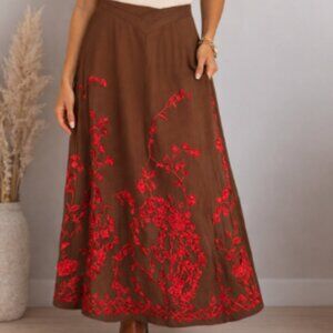Johnny Was Brown Red Embroidered Cotton Silk Boho Skirt XS